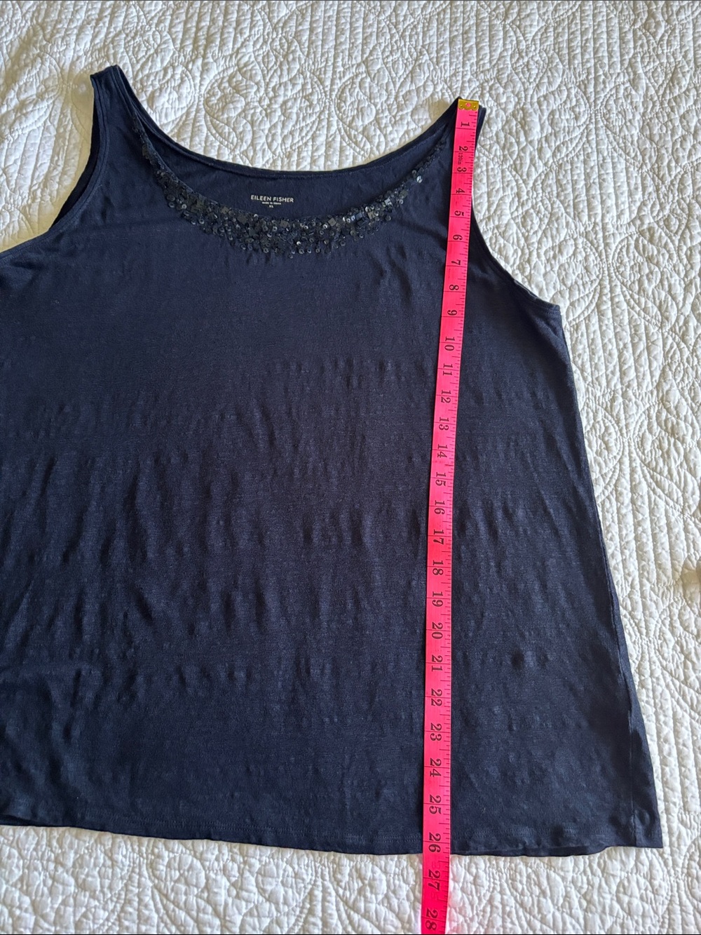 Eileen Fisher Navy Linen Embellished Scoop Neck Tank Top Sequins Size XL - Picture 8 of 11